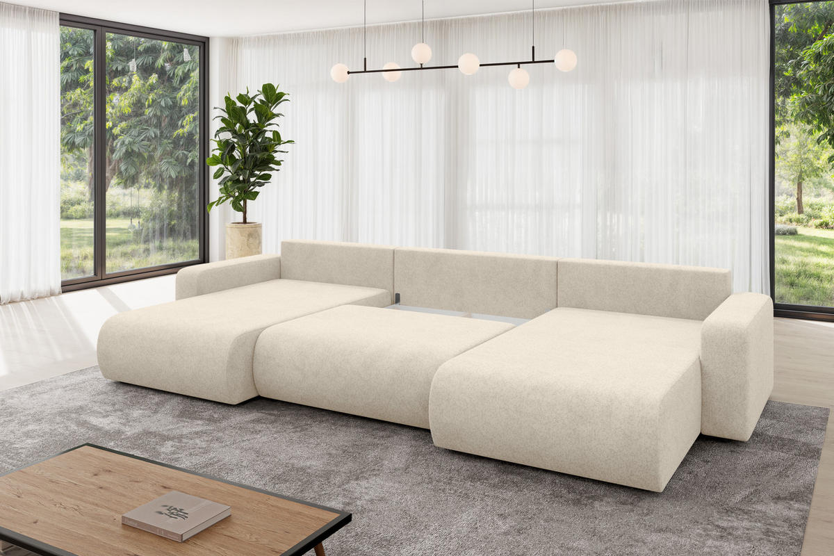 SEDACÍ SOUPRAVA DO U s funkcí spaní a úložným prostorem BERY-U 377x193x88 krémová velur - černá/krémová, kompozitní dřevo/textil (377/88/193cm) - ALTDECOR