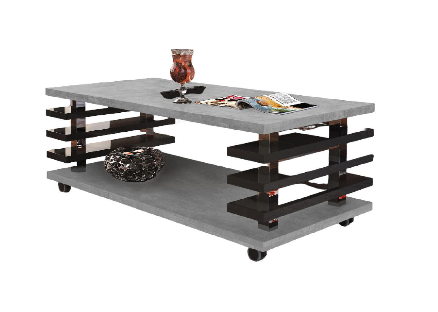 COUCHTISCH rechteckig Beton - Schwarz Hochglanz Ablage Rollen - Schwarz Hochglanz/Hellgrau, Holzwerkstoff (60/120/45cm) - designimpex