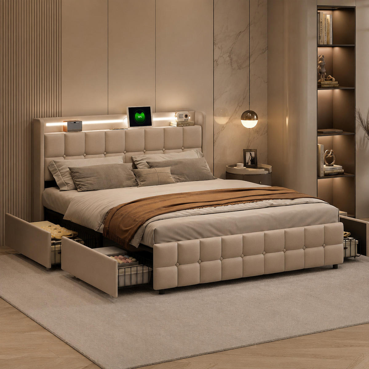 POLSTERBETT 180/200 cm mit LED & USB-Kopfteil und Schubladen, modernes Stauraumbett - Beige, Holz/Metall (180/200cm) - Joyfair