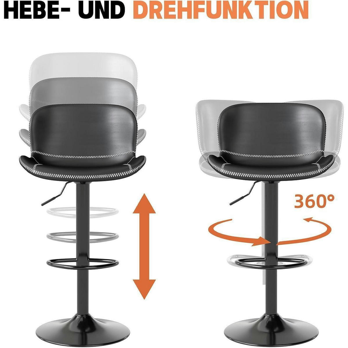 BARHOCKER 2er-Set Kunstleder Schwarz Höhenverstellbar Drehbar - Schwarz, Kunststoff (45/100/38cm)