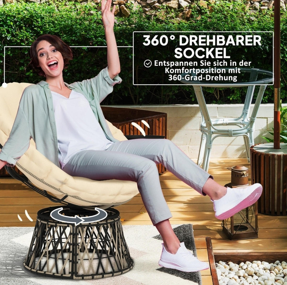 GARTENSTUHL aus Rattan 118x76x88 cm in Beige mit 360° Drehfunktion & Seitentablett - Beige, Metall (118/88/76cm) - Modfu