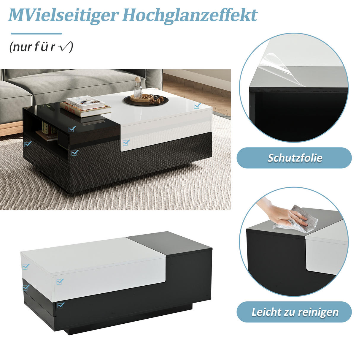 COUCHTISCH 100/50/38 cm in Weiß/Schwarz mit 2 Schubladen und Hochglanz - Weiß, Holzwerkstoff (100/50/38cm) - Flora Grace
