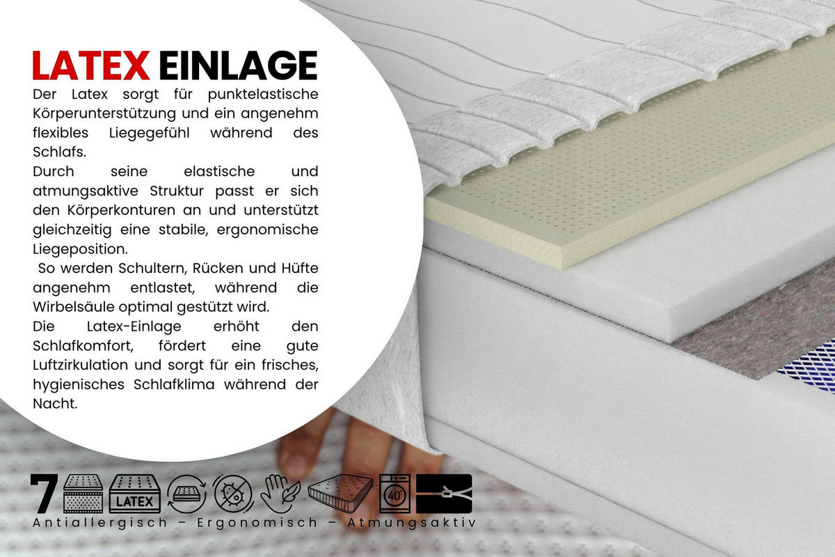TASCHENFEDERKERNMATRATZE PREMIUM 7 LATEX mit Latex-Einlage 120/200/21 Weiß H3 - Weiß, Textil (120/200cm) - Deine Möbel 24