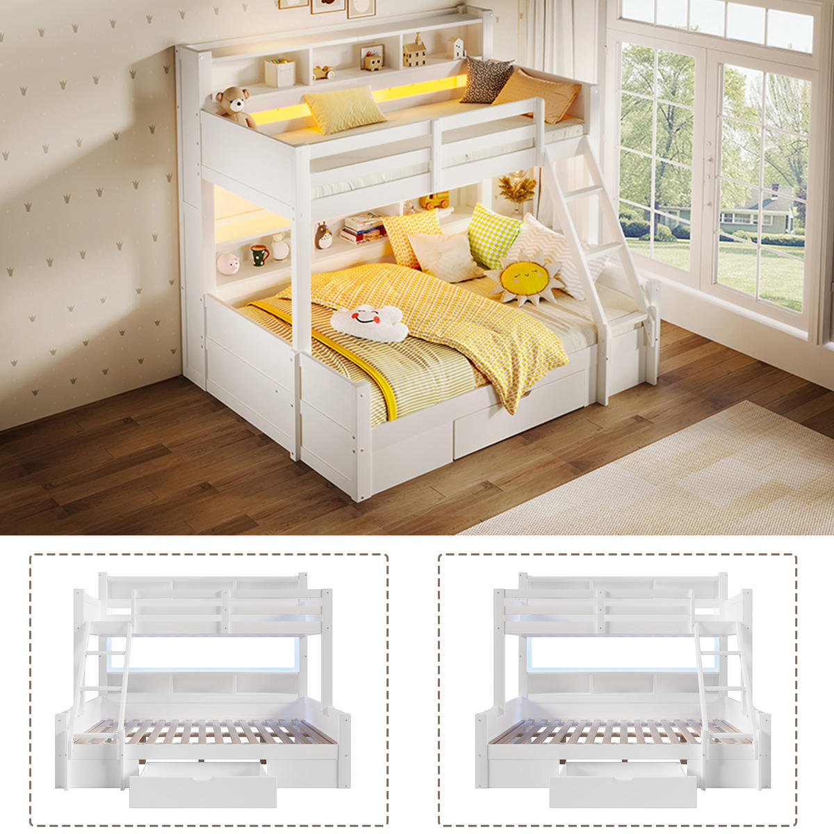 ETAGENBETT 90/200 cm Weiß mit 1 Schublade, LED-Lichtleiste und Ablagefächern - Weiß, Holz (90/200cm) - Oxeza