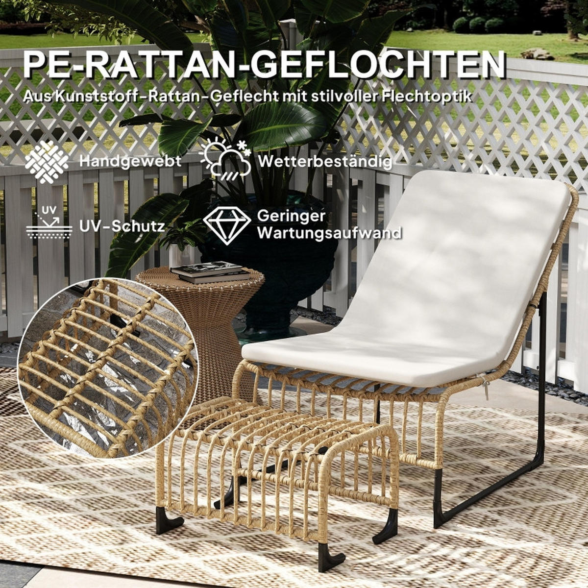 RATTAN RELAXSESSEL mit Fußhocker Naturholz UV-beständig - Weiß, Metall (65/80/93cm) - ComfortXL