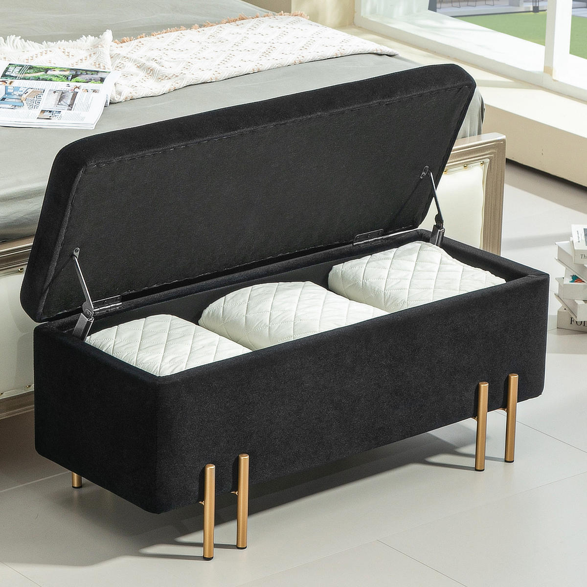 GEPOLSTERTE Sitzbank mit Stauraum, Metall, Kautschukholz, Schaumstoff Schwarz - Schwarz, Textil (40/42/100cm) - HOMCOM