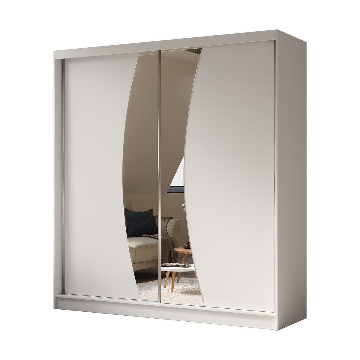 KLEIDERSCHRANK mit Spiegel-Schiebetüren und Aluminium-Leisten, LED-Beleuchtung - VOXI - 200 cm Weiß - Weiß, Holzwerkstoff (200/216/61cm) - ALTDECOR