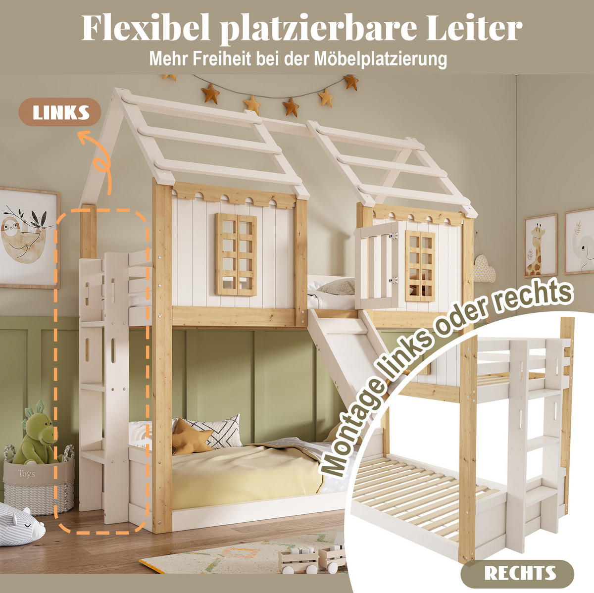 ETAGENBETT aus Holz 90x200 cm Weiß/Natur mit Rutsche und beidseitig montierbarer Leiter - Weiß, Holz (90/200cm) - Modfu
