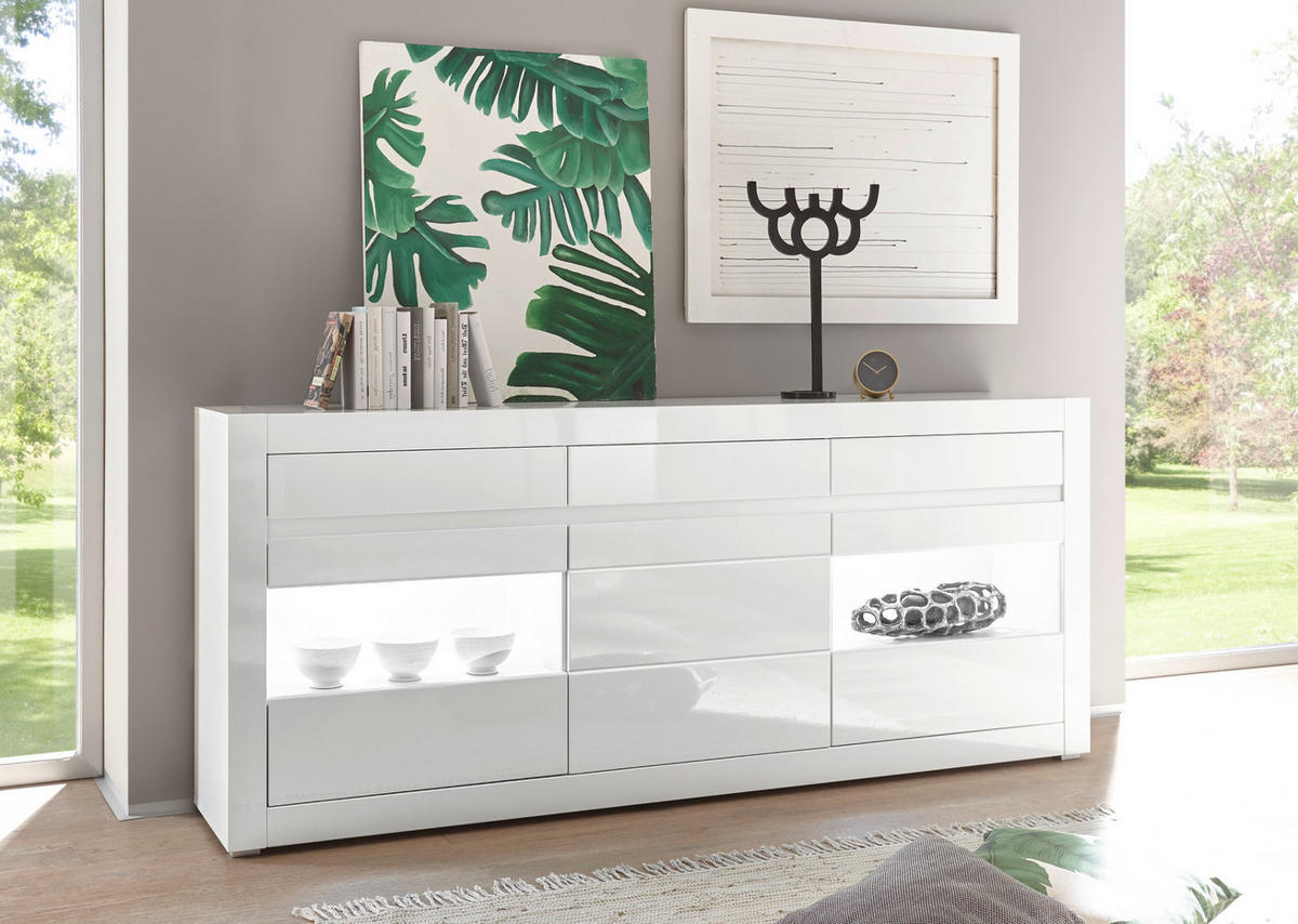 SIDEBOARD Hochglanz weiß, mit weiß oder grau, große Kommode 217 x 90 cm, Soft-Close - Weiß Hochglanz/Weiß, Glas/Holzwerkstoff (217/90/42cm) - Furn.Design
