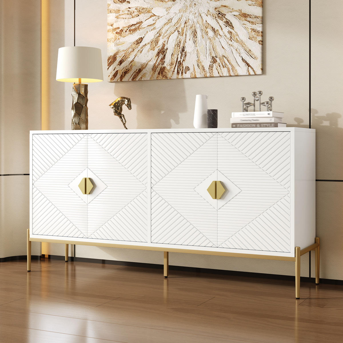 SIDEBOARD 162/40/80 cm in Weiß mit 4 Türen und goldfarbenen Metallakzenten - Weiß, Holzwerkstoff (162/80/40cm) - BEAOK