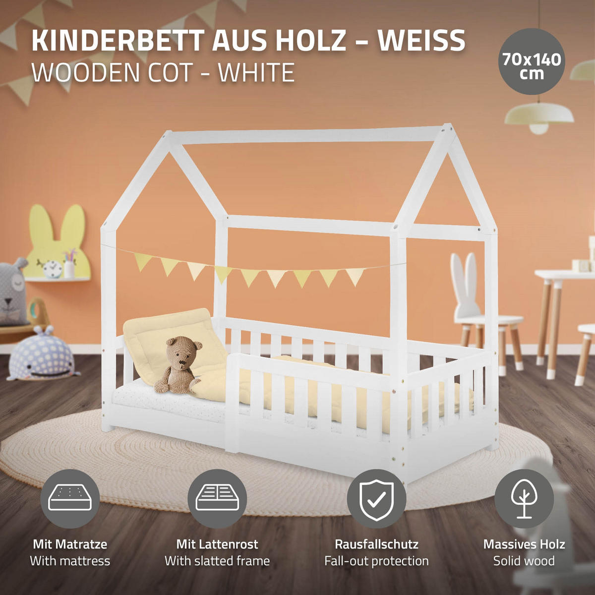 KINDERBETT mit Dach und Matratze 70x140 cm Weiß - Weiß, Holz (70/140cm) - ML-DESIGN