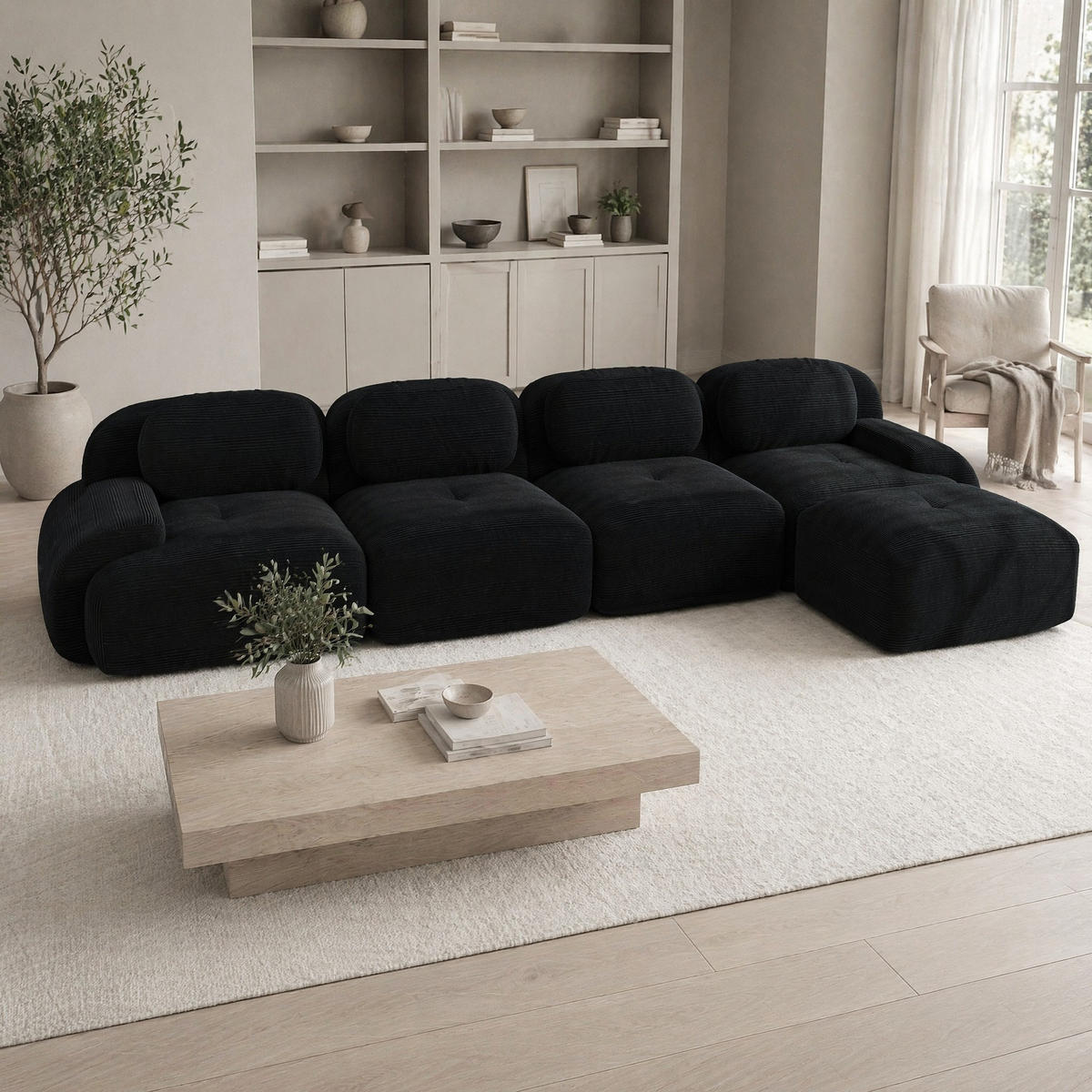 ECKSOFA 388/178/70 cm in Schwarz aus Cord, modular und montagefrei - Schwarz, Textil (178/388cm) - Flora Grace