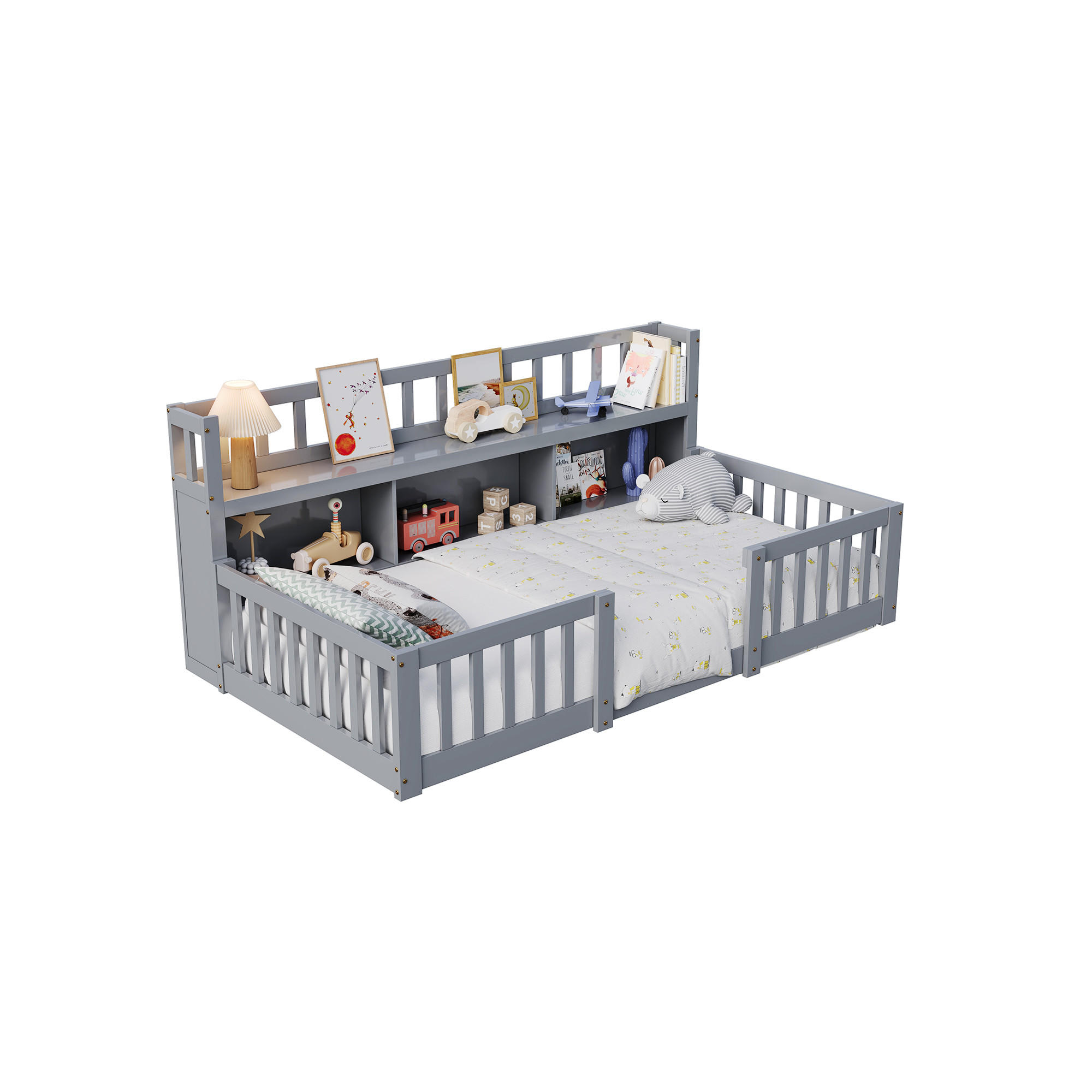 KINDERBETT 90x200 cm mit Bücherregal, Rausfallschutz und Lattenrost, Grau - Grau, Holz (90/200cm)