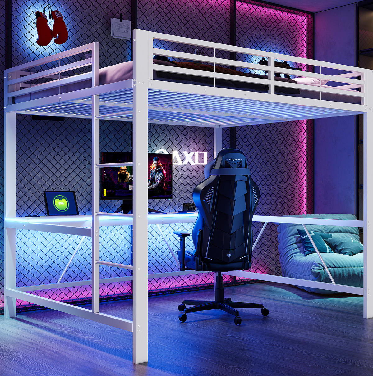 HOCHBETT 160x200 cm in Weiß mit Schreibtisch und LED-Beleuchtung - Weiß, Holzwerkstoff (160/200cm) - IVMEU