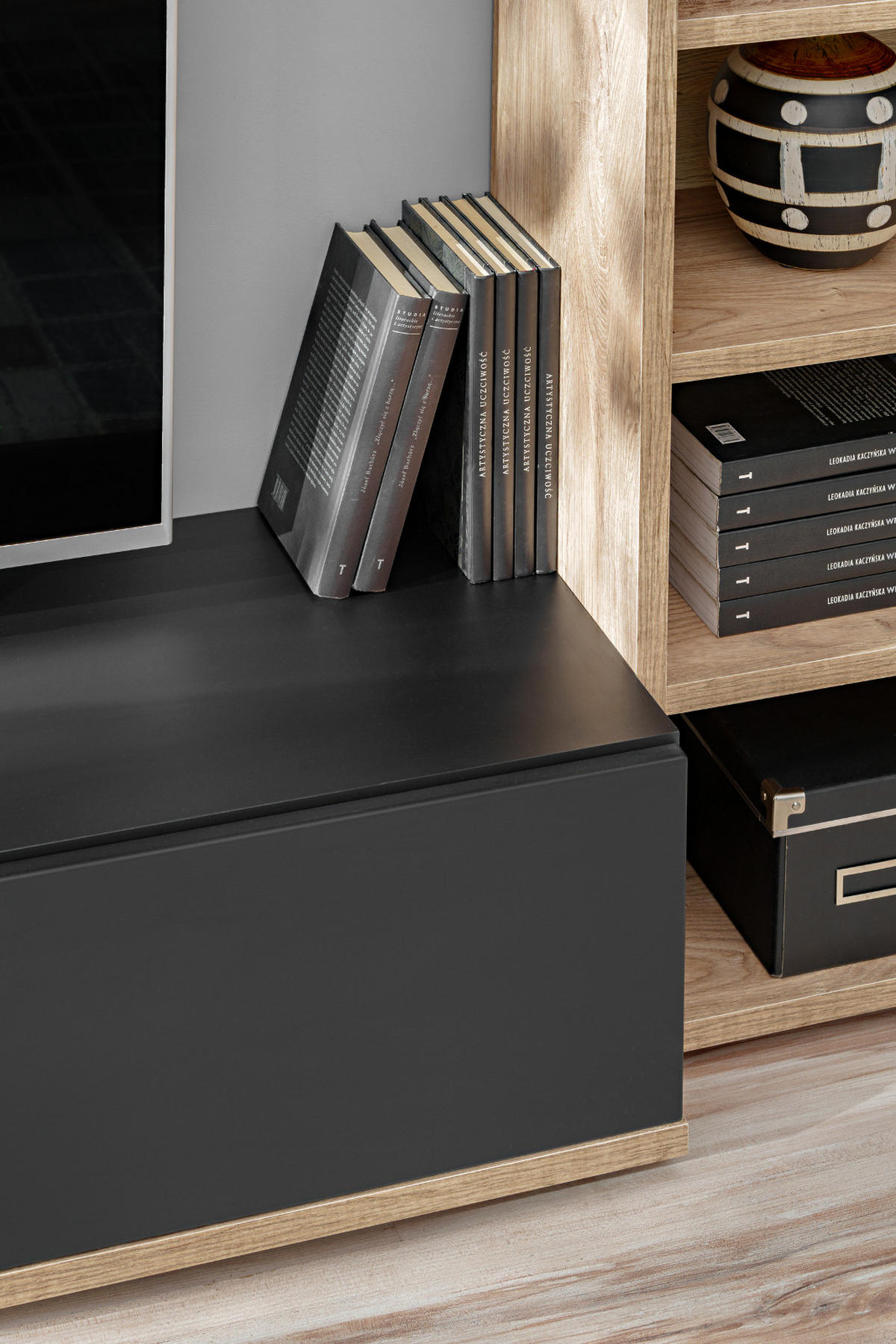 WOHNWAND grau, Wotan Eiche 240 cm, Schrankwand mit Push-to-Open - Eichefarben/Schwarz, Holzwerkstoff/Kunststoff (240/129/40cm) - Furn.Design