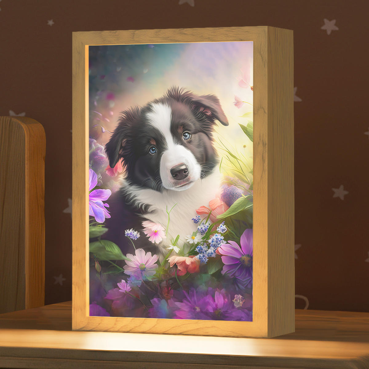 NACHTTISCHLAMPE Welpe - Sonne - Blumen - Natur - Border Collie - Hund 20x30 cm - Violett, Holzwerkstoff (8/20/30cm)