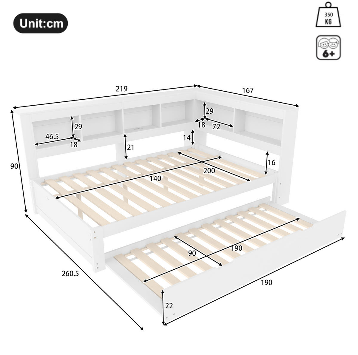 POLSTERBETT 140/200 cm mit Ausziehbett, USB-Anschlüssen, Steckdose und 2 Schubladen, MDF/Kiefernholz, Weiß - Weiß, Holzwerkstoff (140/200cm) - Redom