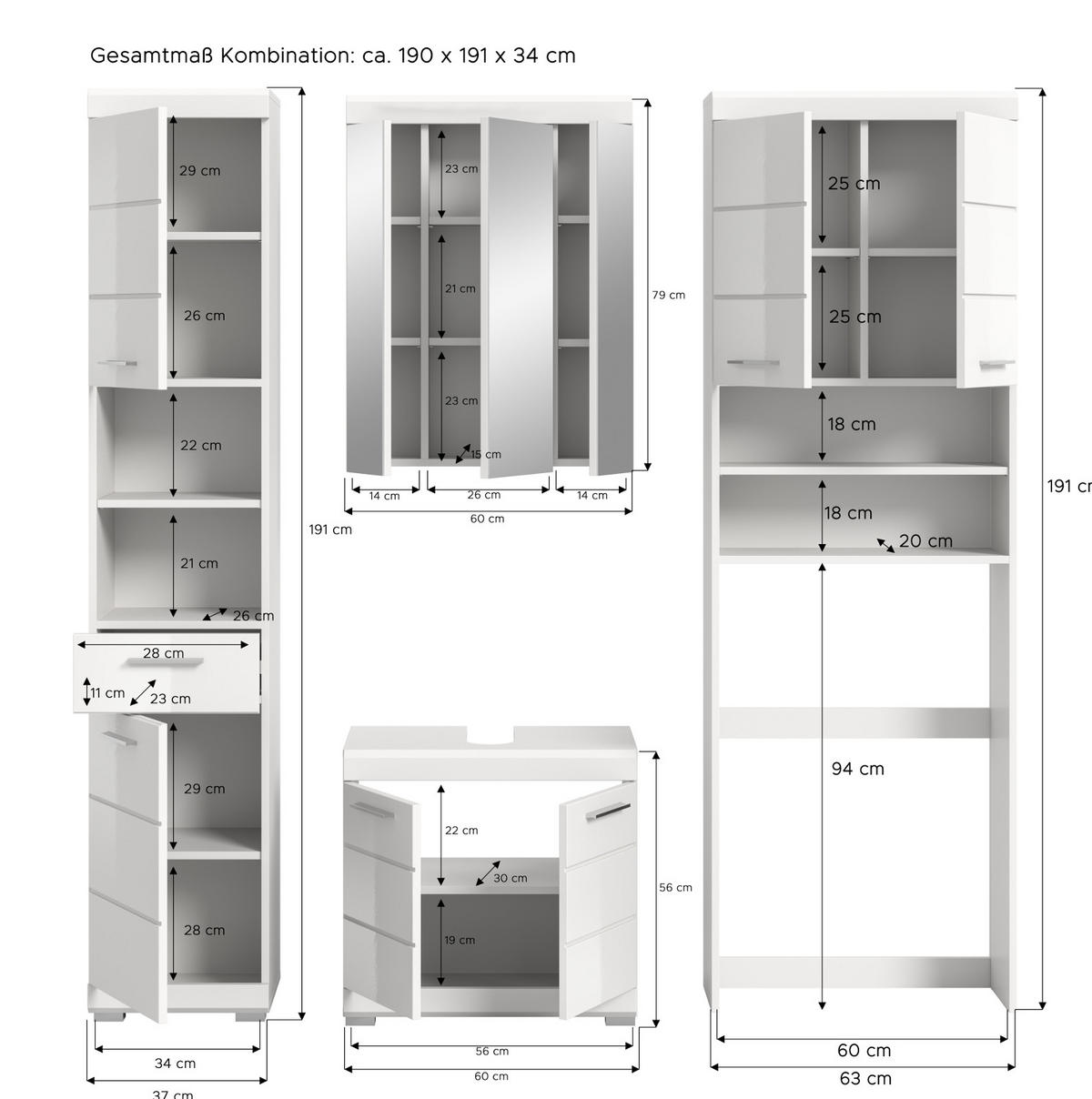 BADMÖBEL-SET weiß Hochglanz 4-teilig 190 cm, Komplettset mit viel Stauraum - Weiß Hochglanz, Glas/Holzwerkstoff (190/191/34cm) - Inn.Furn