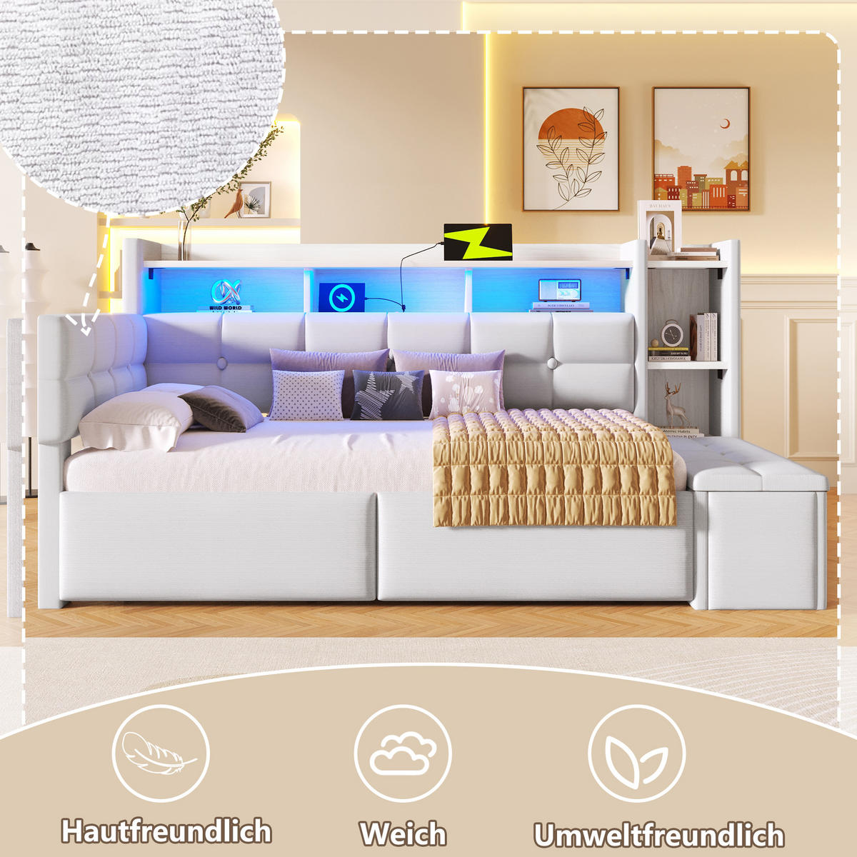 SCHLAFSOFA 90/190 cm in Weiß Samt mit 2 Schubladen, LED und USB - Weiß, Holzwerkstoff/Textil (90/190cm) - WISHDOR