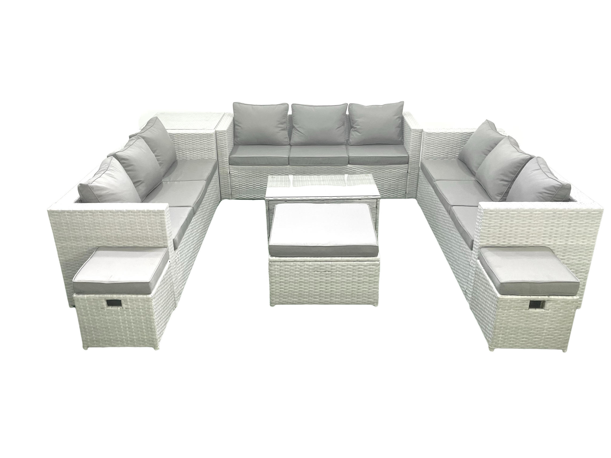 GARTENSET mit 3-SITZER SOFA,COUCHTISCH Polyrattan Hellgrau-Mix 12-Sitzer - Hellgrau/Grau, Glas/Kunststoff - Fimous
