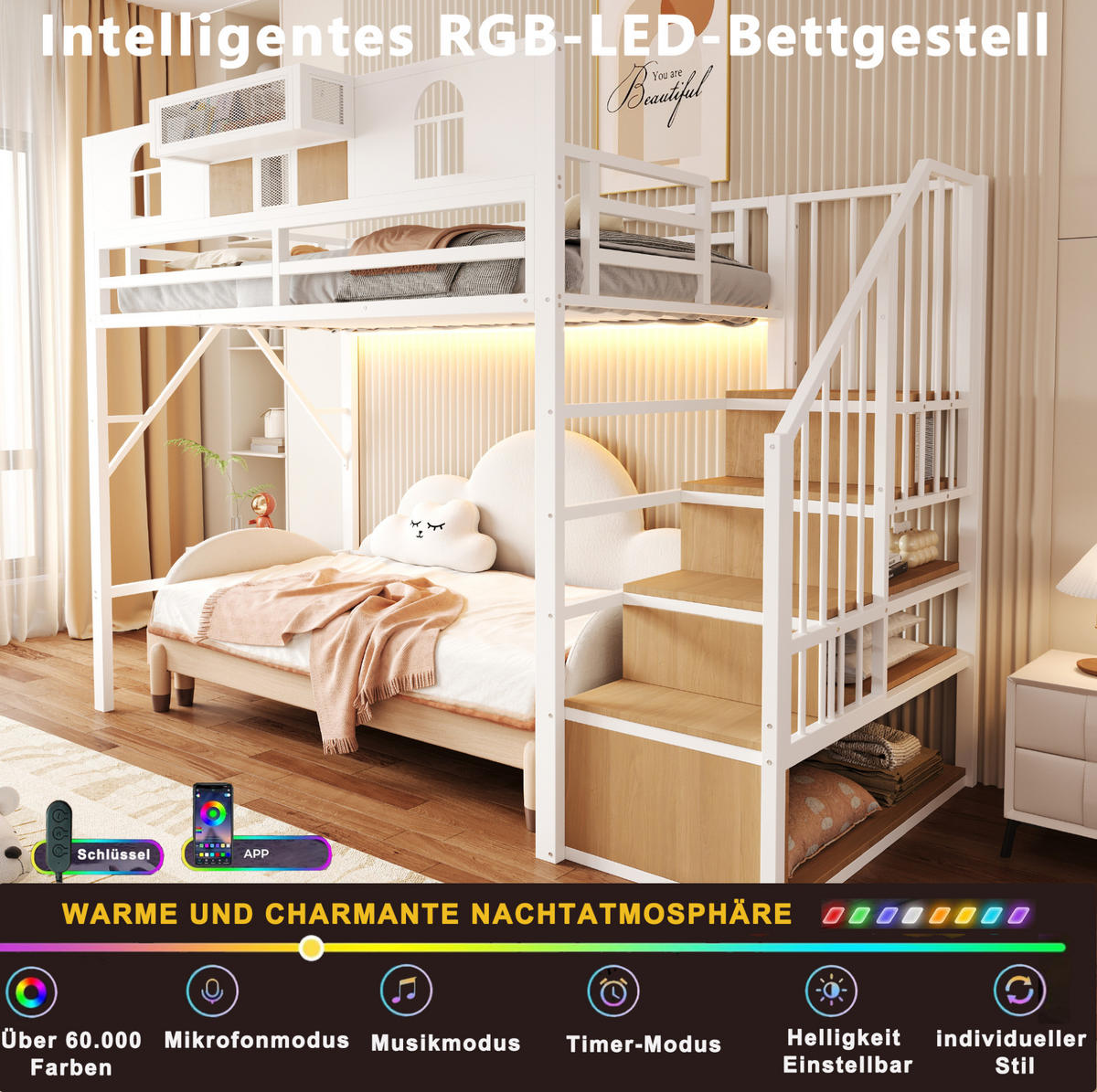 METALL-HOCHBETT aus Metall 90x200 cm Weiß mit Stauraumleiter, Lichtleiste und Ablagefächern - Weiß, Metall (90/200cm) - Modfu