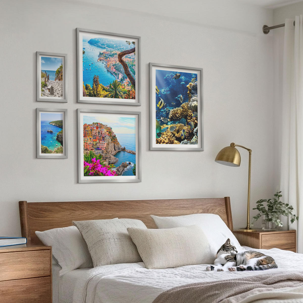 WANDBILDER 5er Set - 50x50 cm & 20x30 cm & 40x60 cm Silberner Rahmen - Berglandschaften im Hintergrund - Silberfarben, Kunststoff (40/60cm) - ArtPrintCave