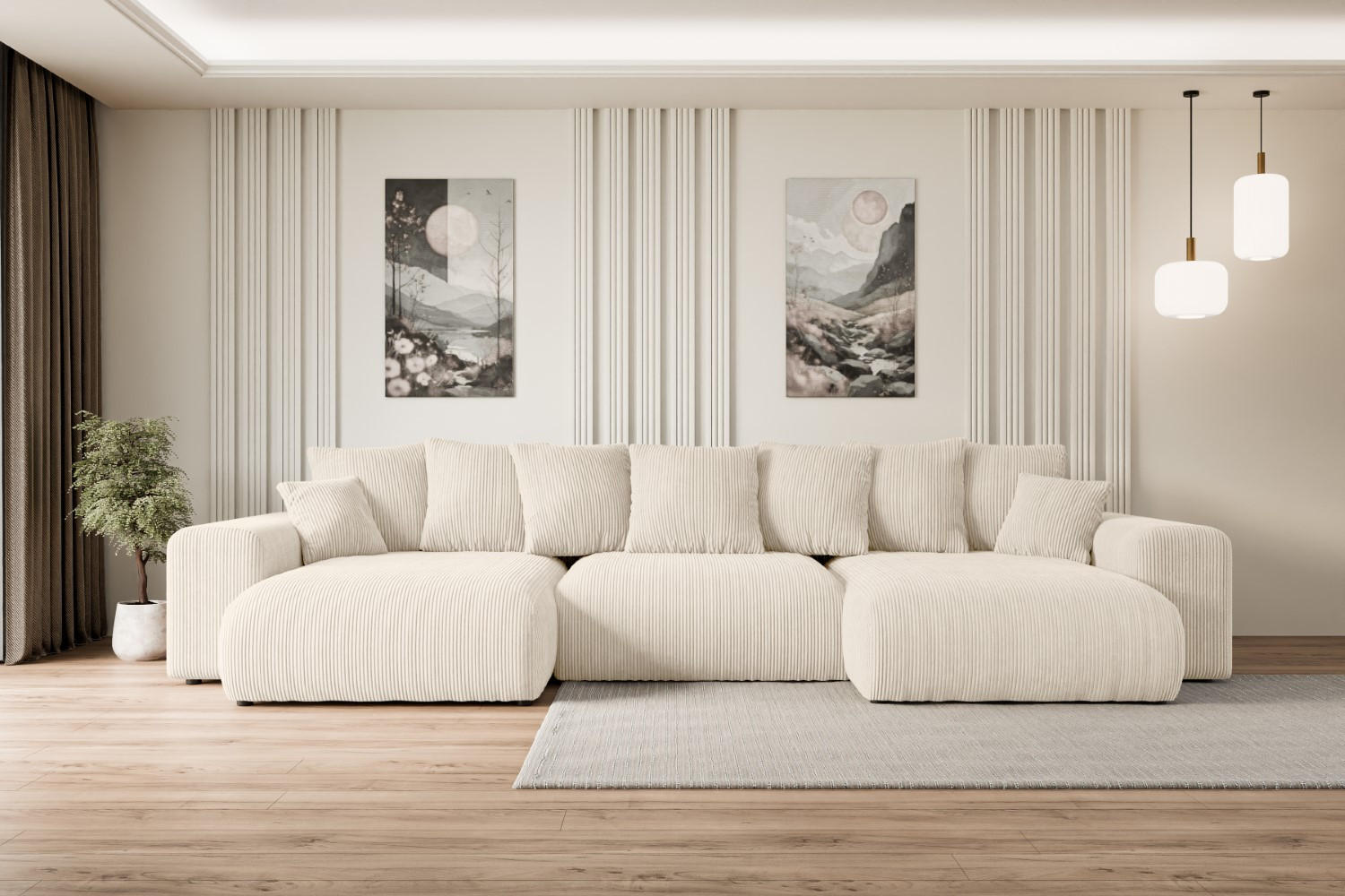 WOHNLANDSCHAFT mit Schlaffunktion und Bettkasten ESKAR-U -352x165x84cm Beige Cord - Beige/Schwarz, Holzwerkstoff/Kunststoff (352/84/165cm) - ALTDECOR