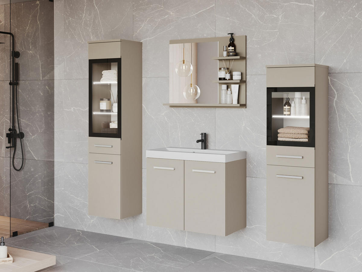 BADMÖBEL-SET Madrit I mit weißer LED Beleuchtung - Kaschmir, Holzwerkstoff (30/132/30cm) - MIRJAN24
