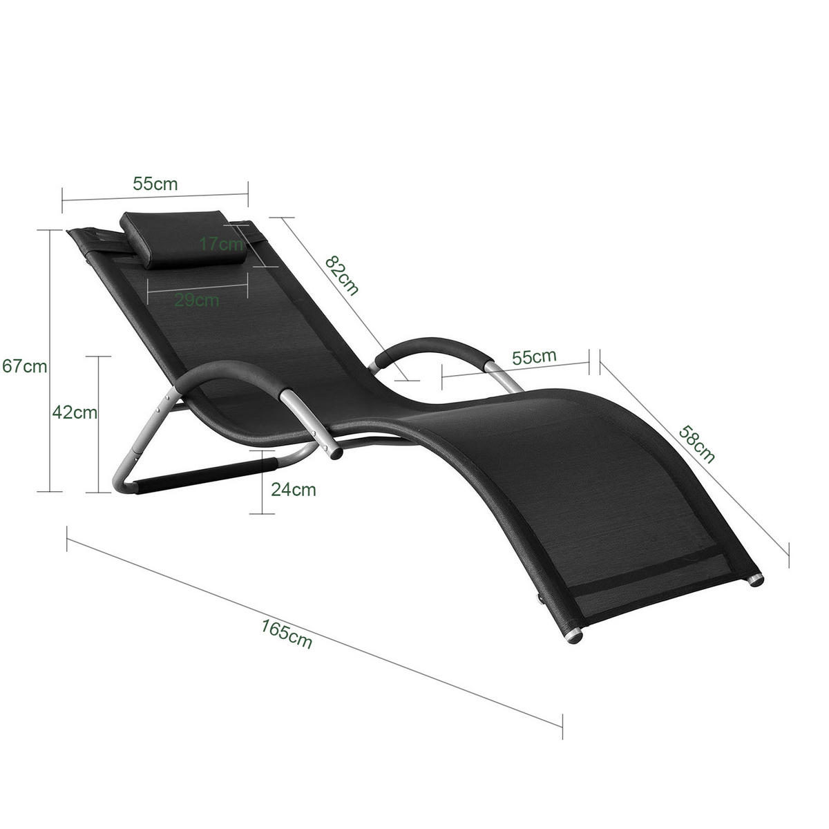 SONNENLIEGE Schwarz - Schwarz, Metall (63/67/172cm) - SoBuy