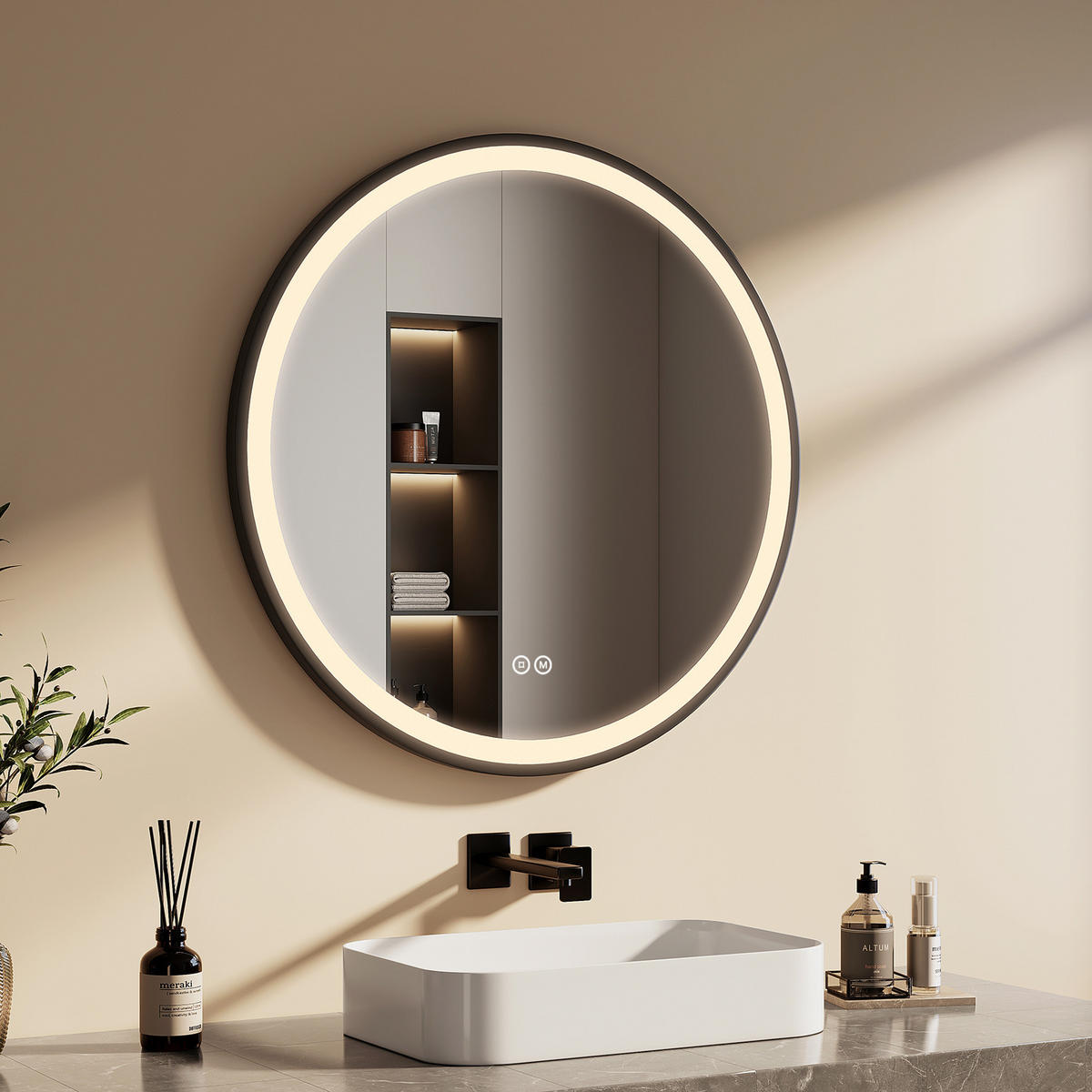 OGLINDA de baie cu LED-uri Ø 80 cm - negru, sticlă (80/80/3cm) - EMKE