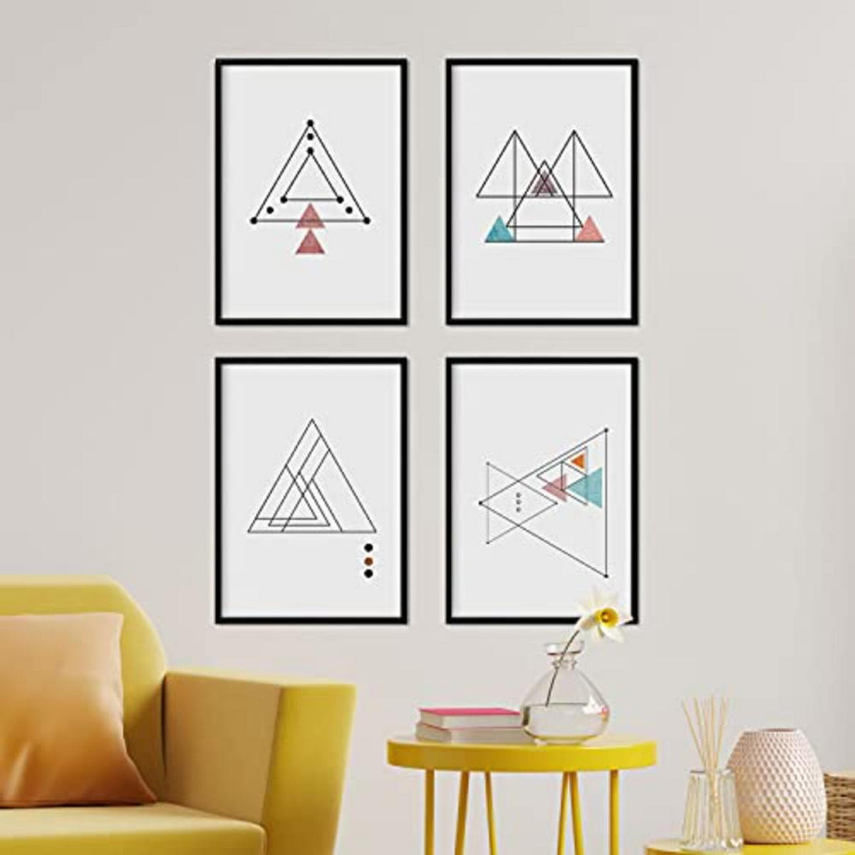 POSTER Set mit 4 dünne Linien Nordischen Dreiecke geometrische Blätter in Rot und Blau A4 Schwarzer Rahmen - Schwarz, Papier (29.7/3cm) - Nacnic