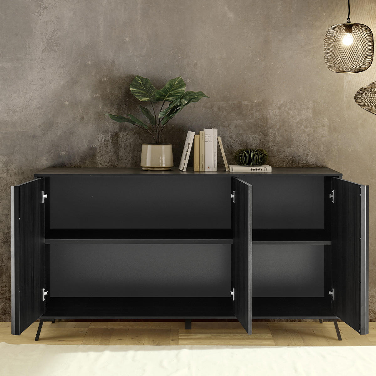 SIDEBOARD mit 3 Türen L156 cm - City - Schwarz, Holzwerkstoff (40/84/156cm) - Calicosy