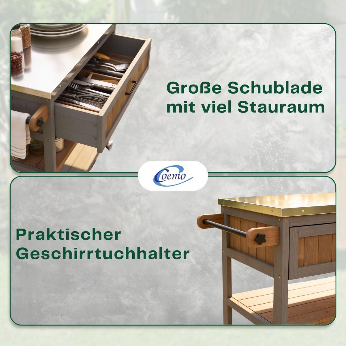 SERVIERWAGEN JAMES mit Rollen Outdoor 82/53/92 cm Farbe Grau - Grau, Holz (53/92/82cm) - Coemo