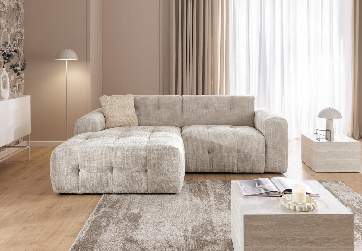 ECKSOFA mit Ottomane links, raffinierten Steppungen, Wellenunterfederung, B234/T161/H79 cm, Chenille-Bezug in Sand Grau / 21038 - Sandfarben/Greige, Kunststoff/Textil (234/79/161cm) - luma-home