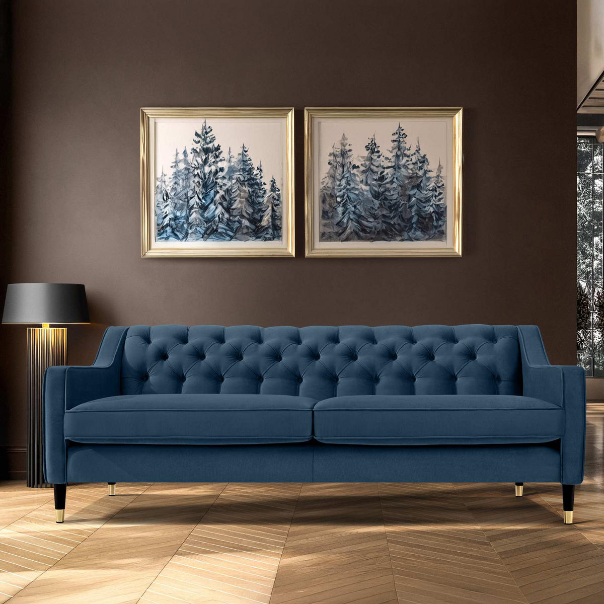 3-SITZER-SOFA NOMUS Velours, gesteppt, Marineblau - Wengefarben/Dunkelblau, Holz/Holzwerkstoff (192/78/80cm) - KONSIMO®