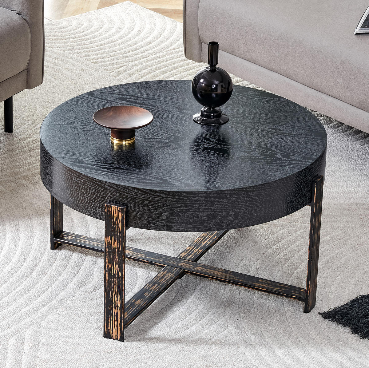 BEISTELLTISCH aus MDF und Metall 68x68x39 cm Schwarz mit Kreuzgestell und rutschfesten Füßen - Schwarz, Holzwerkstoff (68/68/39cm) - Modfu