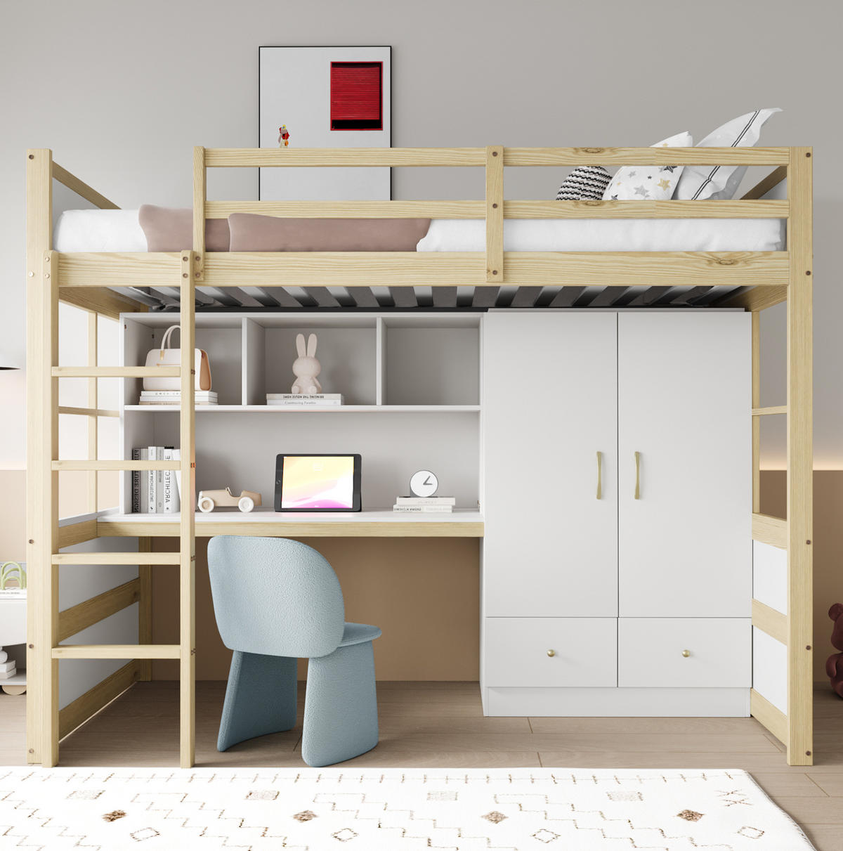 HOCHBETT 90/200 cm aus Holz mit Leiter, Schreibtisch, Naturholz - Naturfarben, Holz (90/200cm) - OKMYHOME