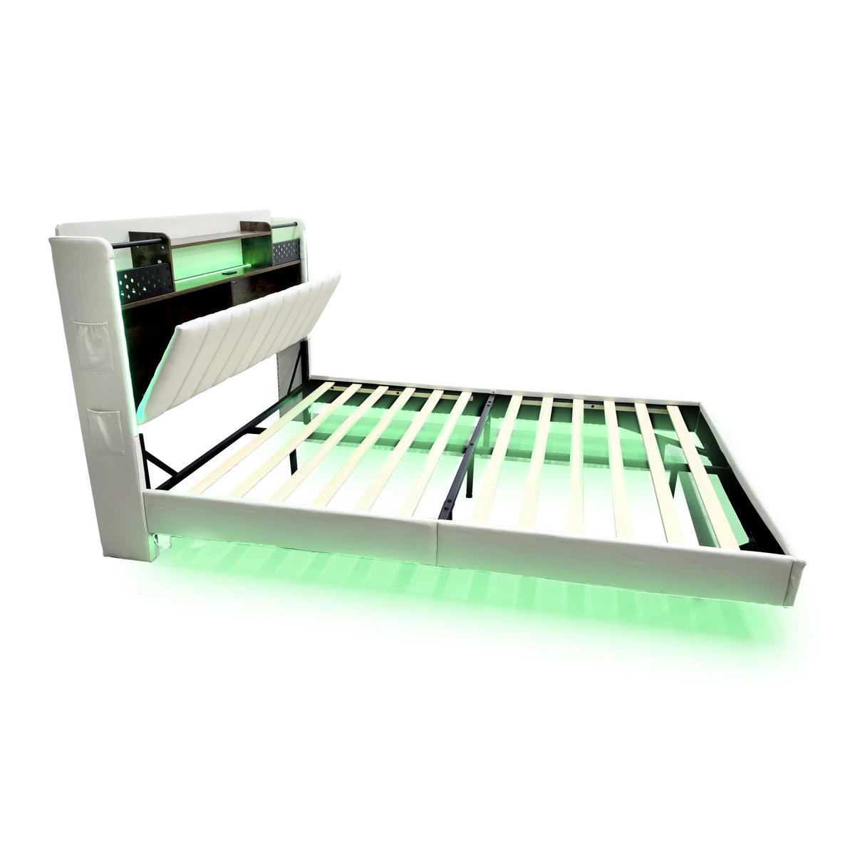 POLSTERBETT 140/200 cm DE-01840, in Beige, mit LED, USB und Stauraum-Kopfteil - Beige, Metall (140/200cm) - ComfortXL