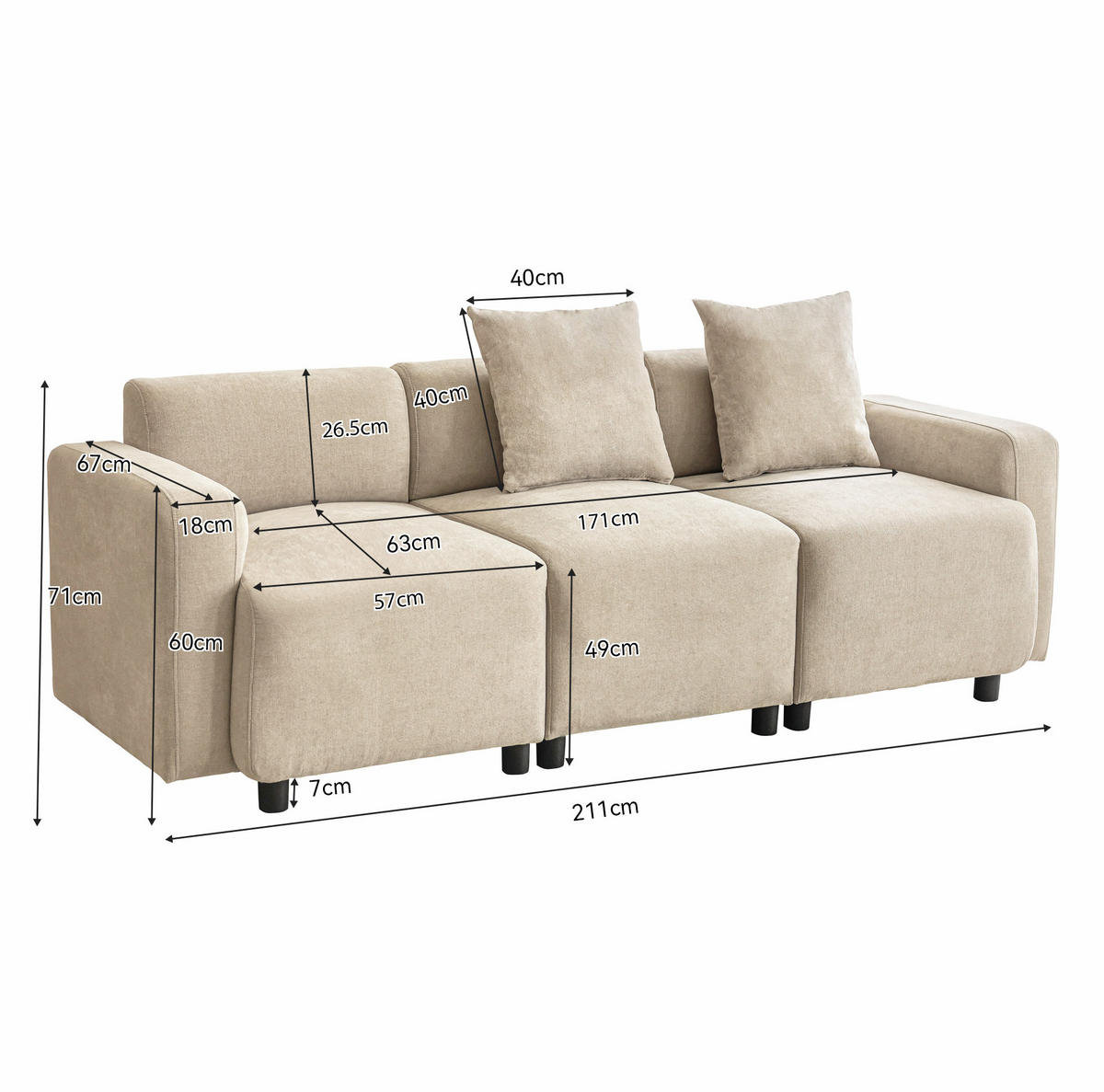 SOFA mit Chenille-Bezug Beige 67x211x71 cm, 3-Sitzer mit 2 Kissen - Beige, Textil (211/71/67cm) - IVMEU