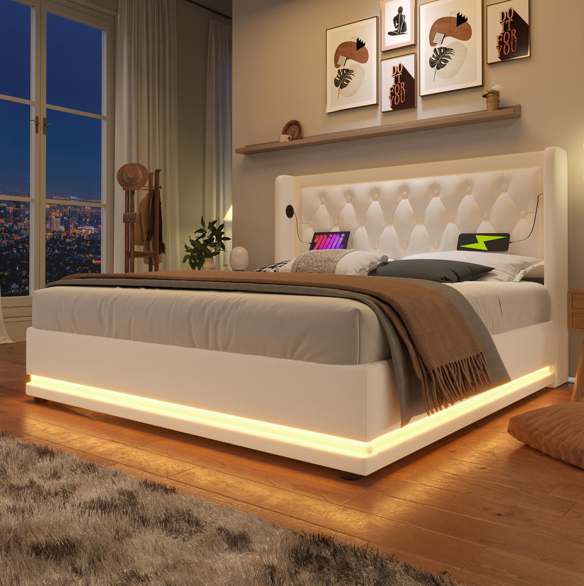 POLSTERBETT 140/200 cm weiß aus PU mit LED, Stauraum und Matratze - Weiß, Holzwerkstoff (140/200cm) - OKWISH