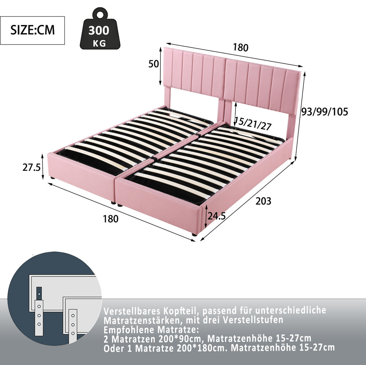POLSTERBETT 180/200 cm Rosa mit Hydraulik, Stauraum und Lattenrost ohne Matratze - Pink, Textil (180/200cm) - MIVRAY