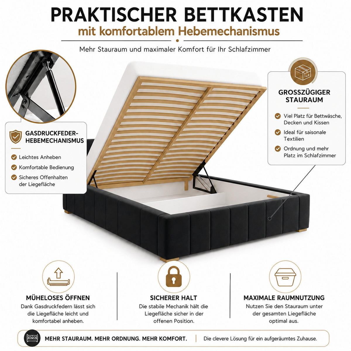 MARPUR Polsterbett NERO 180x200 cm mit Bettkasten und Lattenrost, Schwarz - Chromfarben/Schwarz, Holz/Holzwerkstoff (180/200cm) - Marpur