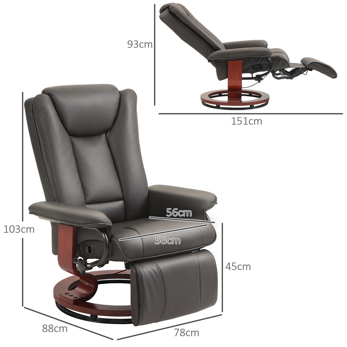 RELAXSESSEL, drehbarer TV-Sessel, Liegefunktion, Fußstütze, Lederoptik, Braun - Braun, Leder (88/103/78cm) - HOMCOM