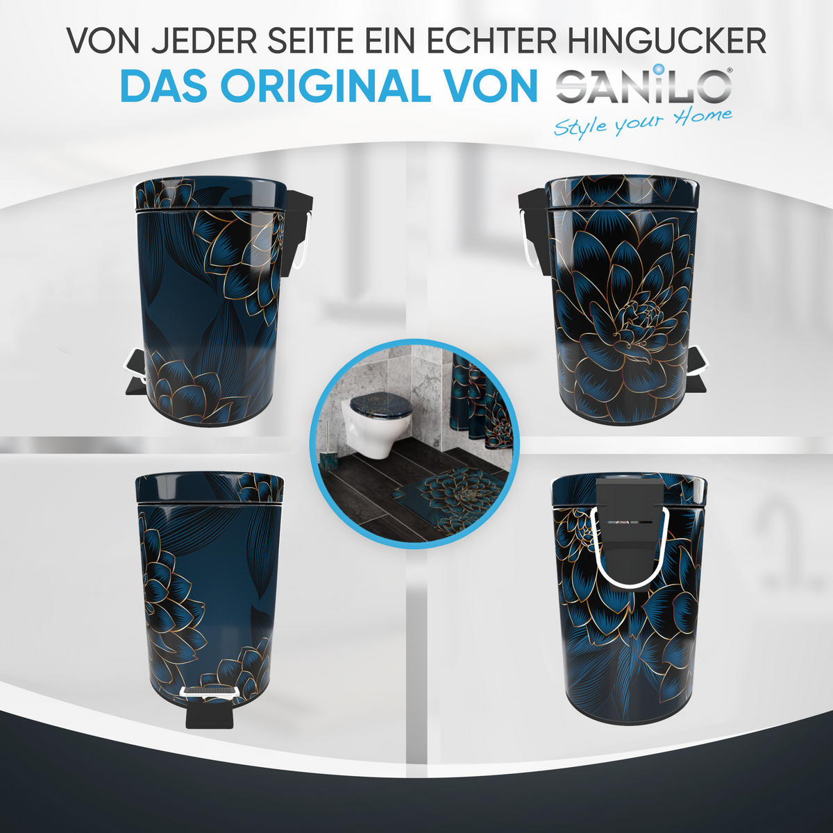 KOSMETIKEIMER Dahlien - Blau/Dunkelgrün, Kunststoff/Metall (17/25/25cm) - Sanilo