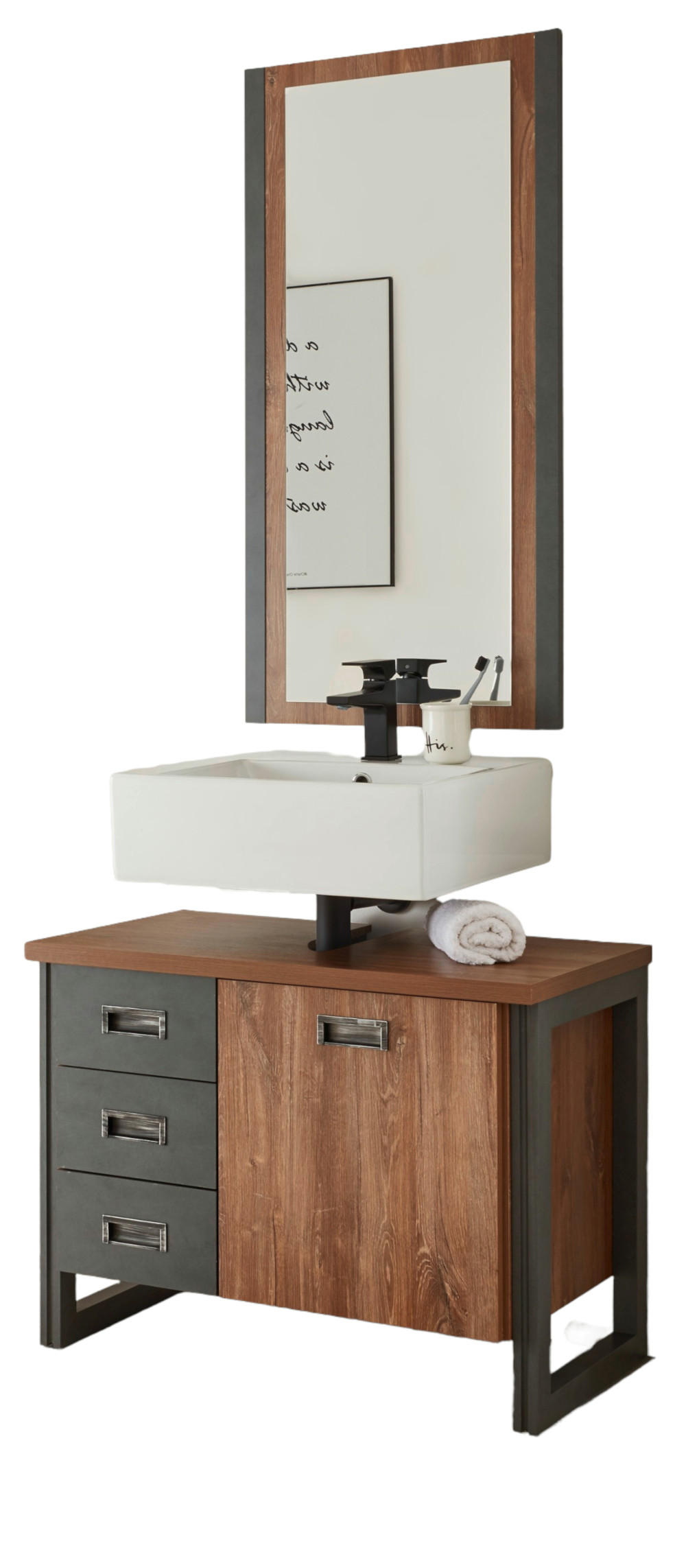 BADMÖBEL-SET 2-teilig Eiche Stirling, Matera grau, Badkombination Waschbeckenunterschrank, Spiegel 81 x 205 cm - Eichefarben/Grau, Holzwerkstoff (81/205/40cm)