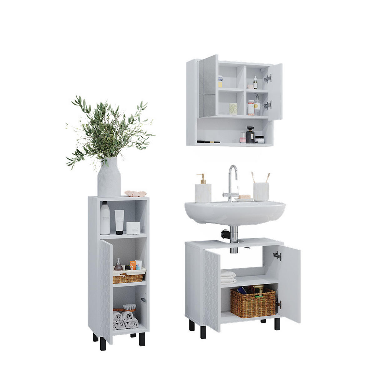 BADMÖBEL-SET Agasta Weiß 3 Teile, mit Midischrank - Weiß, Holzwerkstoff (56/57/28cm) - Vicco