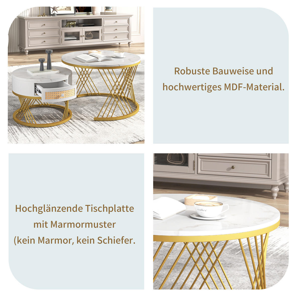 COUCHTISCH aus MDF 70x70x45,5 & 50x50x38,5 cm in Weiß mit Schublade - Weiß, Holzwerkstoff (70/70/45.5cm) - Modfu