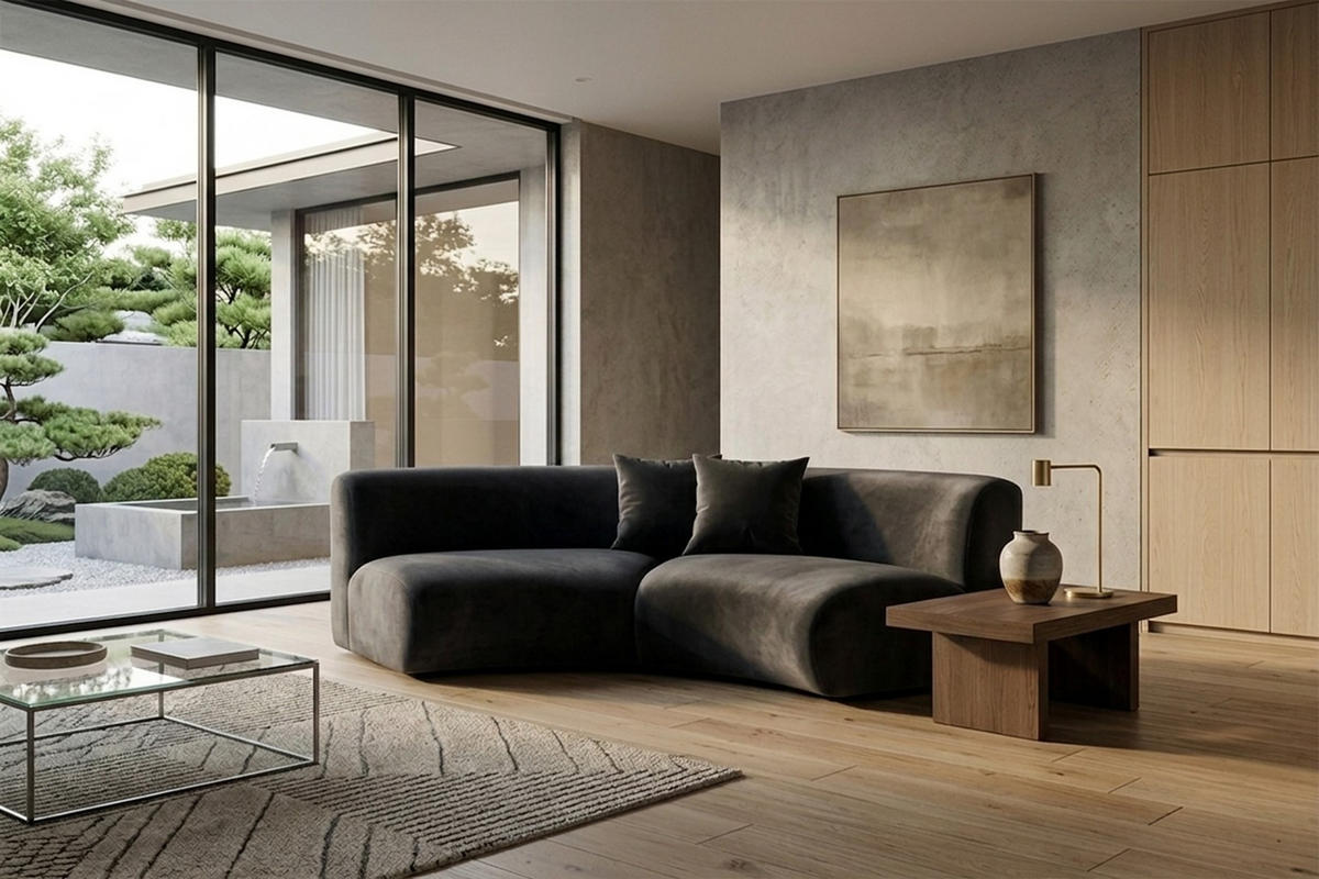 SOFA Round, Velvet-Stoff Bluvel, Schwarz, GRETA - Schwarz, Holz (294/70/89cm) - Kaiser Möbel