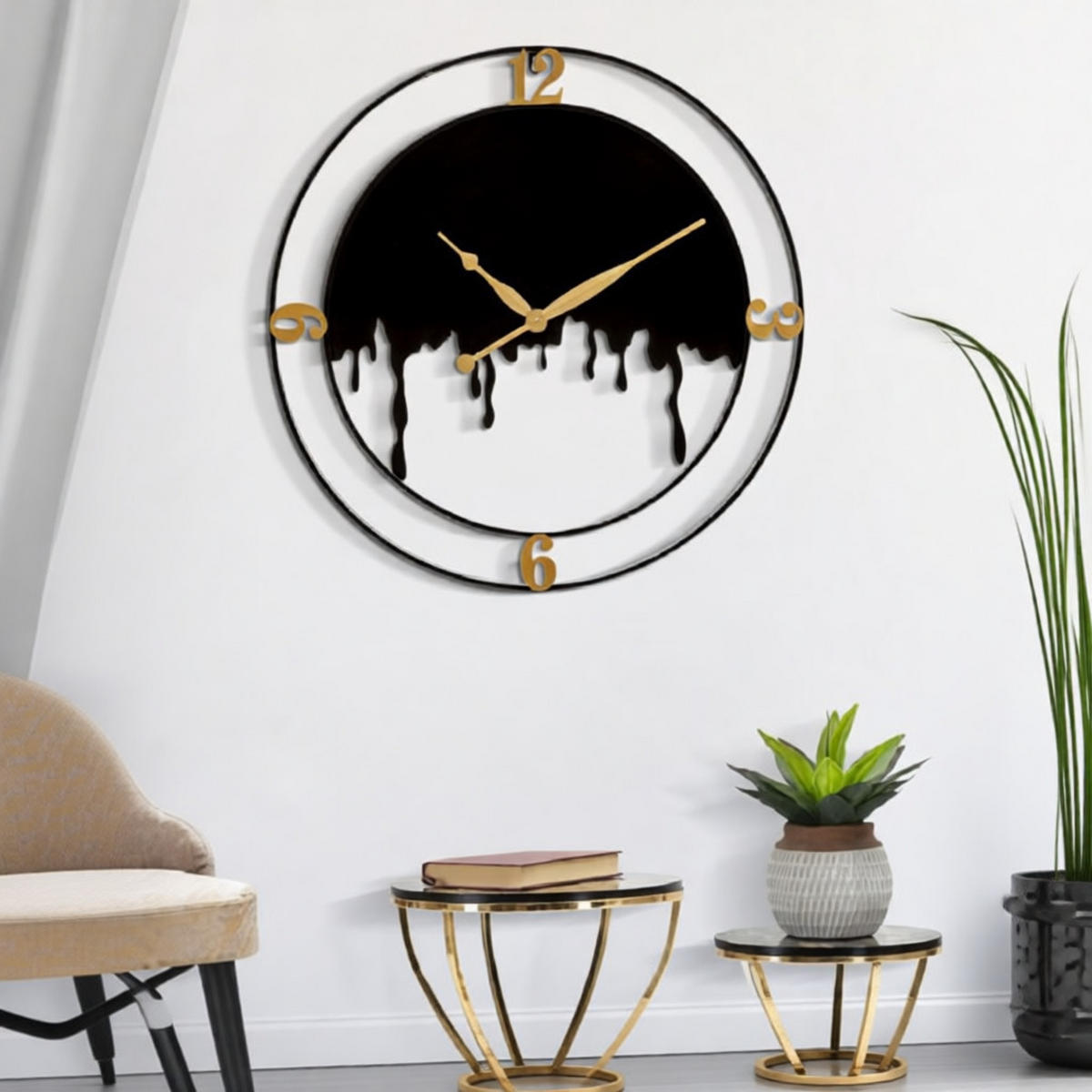 WANDUHR Splash, schwarz und goldfarben, Eisen, 66 x 4 x 66 cm - Goldfarben/Schwarz, Metall (66/66/4cm) - Mauro Ferretti