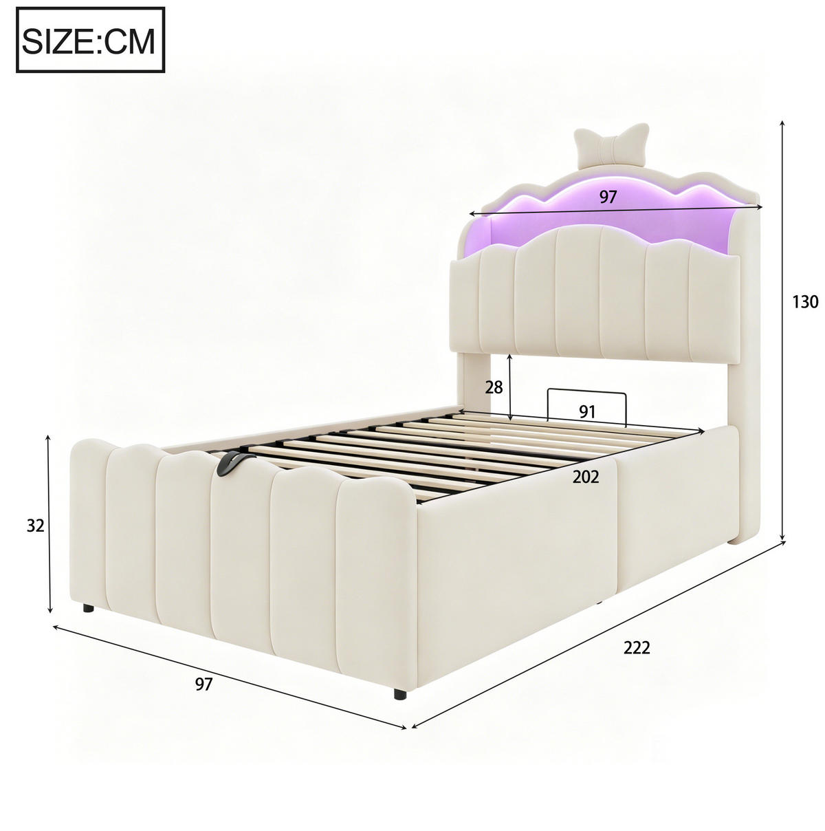 KINDERBETT 90x200 cm in Beige mit LED-Beleuchtung, Stauraum und USB-Anschlüssen - Beige, Textil (90/200cm) - IVMEU